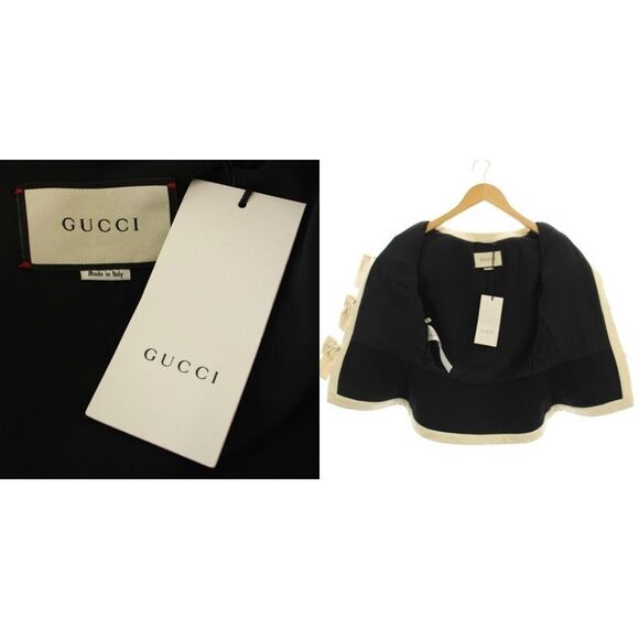 Gucci Short Sleeve Collarless Jacket Ribbon Rhinestone 38 Black 493637 G - Picture 3 of 9